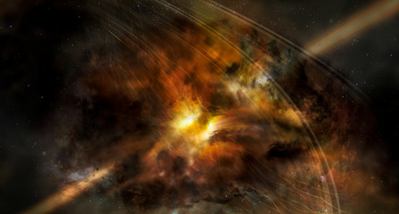 Landscape background of fantasy alien galaxy with glowing clouds and stars with lazer beam. The...