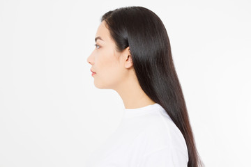 Skin care. Profile portrait of Brunette asian girl with long and shiny straight female hair...