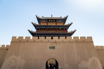 The gate facing the Gobi desert of Jiayuguan Fort, Gansu, China. Known as "first pass under the heaven", Jiayu Pass was the most western fort of ancient china on the silk road
