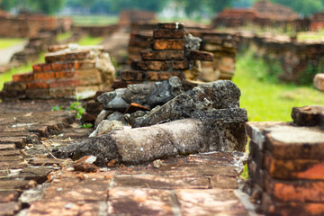 The old buddha image on cement with ruins and ancient, Built in modern history in historical park is the UNESCO world heritage, Sukhothai Thailand.
