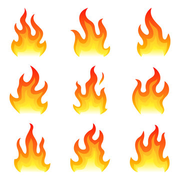 Red fire flat icons set isolated on white background for danger concept or logo design. Flame set and red fire set.