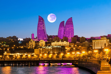 Night view of the skyscrapers in Baku. The Republic of Azerbaijan - obrazy, fototapety, plakaty