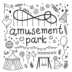 Amusement park outline doodle collection. Vector attractions and fair elements. Hand drawn graphics for weekends and celebrations