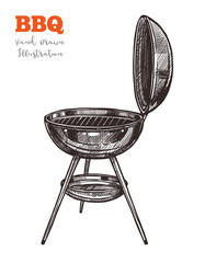 Bbq kettle grill outline black hand drawn sketch. Charcoal barbecue device for cooking snacks for summer picnic, parties, holidays outdoors. Vector illustration isolated on white background