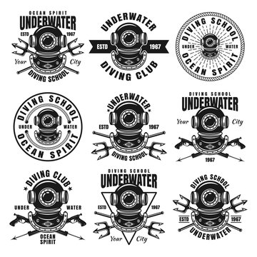 Diving school set of nine vector black emblems