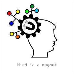 Symbol for mind is a magnet.  Concept for Web, Mobile or Apps. Profile of the head with gears and horseshoe.