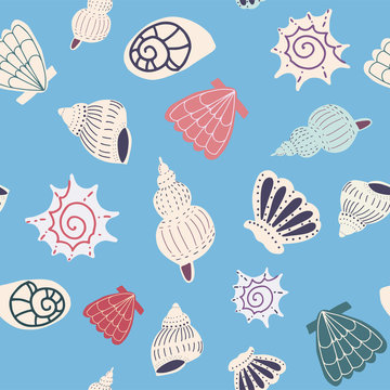Vector seamless pattern on the marine theme with the image of various seashells on a dark white background