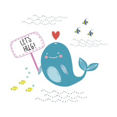 Obraz premium Lettering quote I am big and kind with a cute whale on the waves. Around the stars and drops 