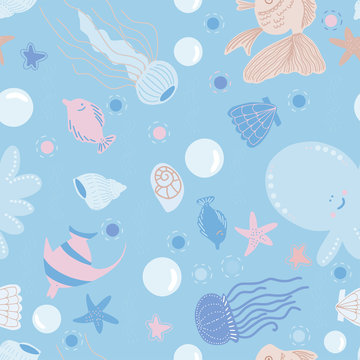 Vector seamless marine pattern with a picture of cute fish, octopus, seashells, jellyfish and bubbles on a white background.