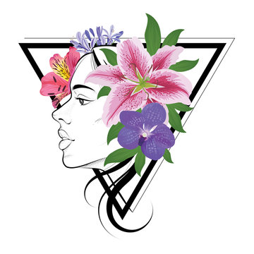 Woman face and peruvian lily, orchid, african lily and lilies flowers on triangle frame. Vector set of blooming floral for tattoo wedding invitations and greeting card design.