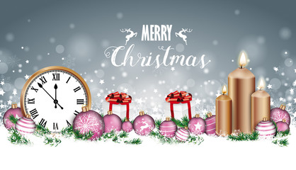 Merry Christmas Card Header Snowflakes Baubles Gifts Clock Candles
