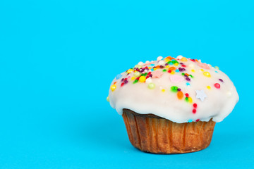 Delicious homemade muffin with white fondant and colorful sugar sprinkles icing on a bright turquoise blue background. Festive cupcake in vibrant colors with copy space