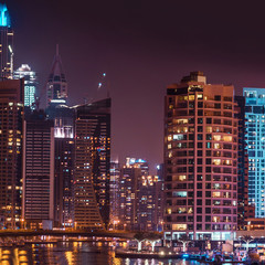 Fototapeta na wymiar Night panorama of Dubai Marina area of large modern city.