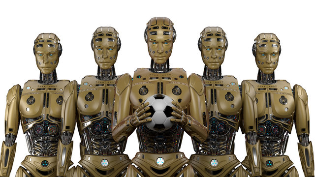 Robot soccer team. Cyborg football team. Isolated on white background. 3D Render.