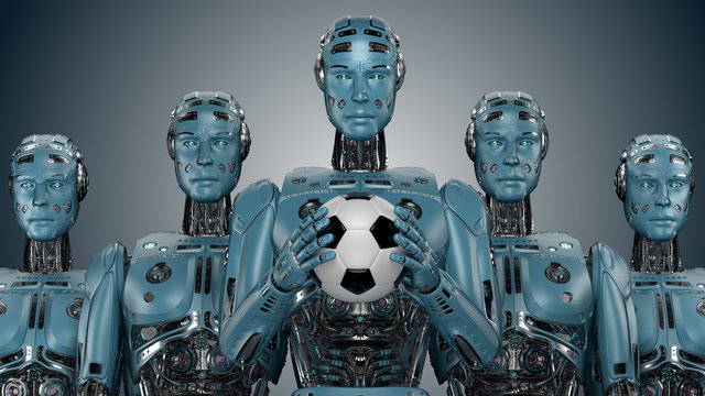 Robot soccer team. Cyborg football team. Isolated on blue background. 3D Render.