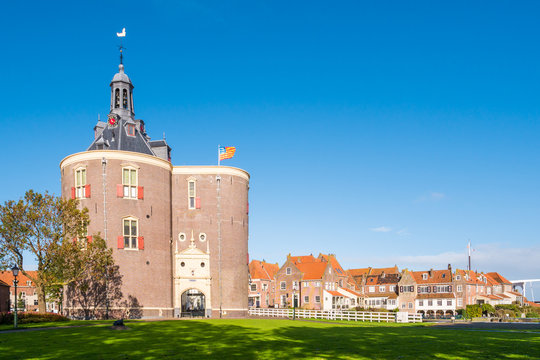 Drommedaris gate in harbour of city of Enkhuizen, North Holland, Netherlands
