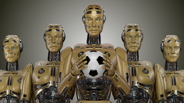 Robot soccer team. Cyborg football team. Isolated on gray background. 3D Render.