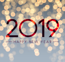 Shiny Happy New Year 2019 card with bokeh background.