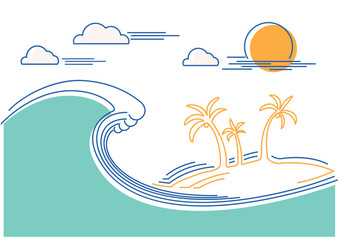 Big ocean wave and tropical island.Vector flat line color illustration