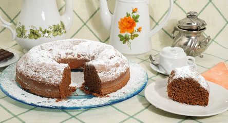 Chocolate fudge cake with icing sugar