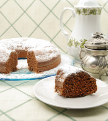 Chocolate fudge cake with icing sugar