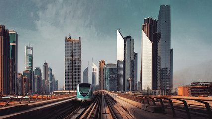 streets of a large modern city. Skyscrapers and above ground subway Of Dubai