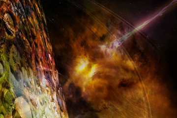 Obraz na płótnie Canvas Alien planet in outer space with flame of galaxy and laser beam. Elements of this image furnished by NASA.