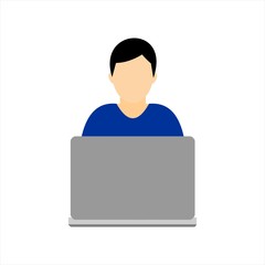 Icon of man with laptop computer. Flat vector illustration.