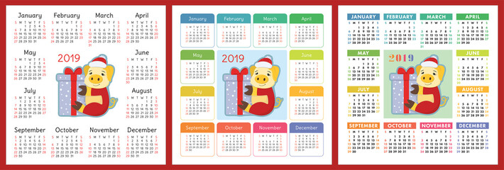 Calendar 2019. Christmas pig. Chinese New Year symbol. Week starts on Sunday. Vector color template collection. Basic calender grid. Square