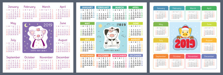 Calendar 2019. Christmas pig. Chinese New Year symbol. Week starts on Sunday. Vector color template collection. Basic calender grid. Square