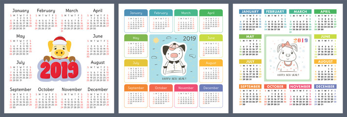 Calendar 2019. Christmas pig. Chinese New Year symbol. Week starts on Sunday. Vector color template collection. Basic calender grid. Square