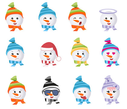 Set of Graphic Emoticons - snowmans. Collection of Emoji. Smile icons. Vector illustration on white background
