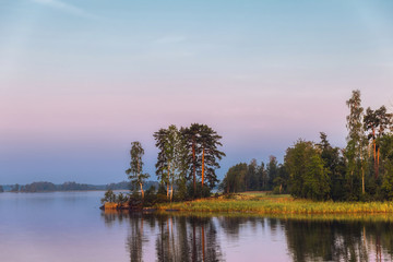 Bright island on a lake with pine trees in morning light