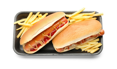 Tasty hot dogs with french fries on white background