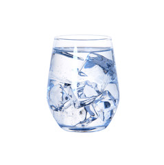 Glass of cold fresh water with ice on white background
