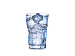 Glass of clean water with ice on white background