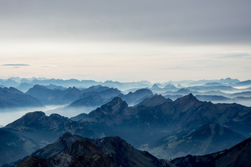 scenic landscape view of alpstein mountains layers from säntis in switzerland swiss alps 