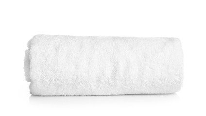 Clean rolled towel on white background - obrazy, fototapety, plakaty