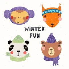 Foto op Canvas Set with cute animals monkey, squirrel, panda, bear in warm hats, mufflers. Isolated objects on white background. Hand drawn vector illustration. Scandinavian style flat design. Concept for kids print © Maria Skrigan
