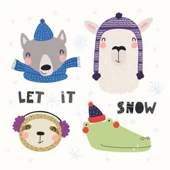 Foto op Plexiglas Set with cute animals wolf, sloth, llama, crocodile in warm hats, mufflers. Isolated objects on white background. Hand drawn vector illustration. Scandinavian style flat design. Concept for kids print © Maria Skrigan