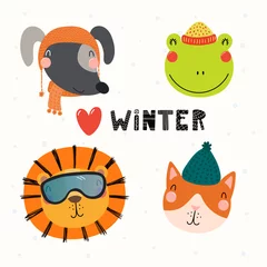Fotobehang Set with cute animals dog, frog, lion, cat in warm hats, mufflers. Isolated objects on white background. Hand drawn vector illustration. Scandinavian style flat design. Concept for children print. © Maria Skrigan