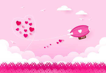 Love and valentines day. Red zeppelin flying look like heart shape on sky and hearts © mirsad