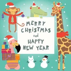 Foto op Canvas Hand drawn card with cute funny animals in Santa Claus hats, smowmen, text Merry Christmas and Happy New Year. Vector illustration. Scandinavian style flat design. Concept for children print. © Maria Skrigan