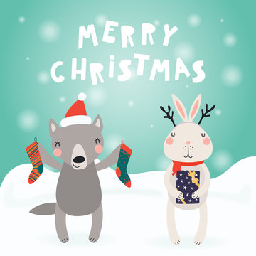 Hand drawn card with cute funny wolf, bunny in Santa Claus hats, in the snow, with stockings, gift, text Merry Christmas. Vector illustration. Scandinavian style flat design. Concept children print.