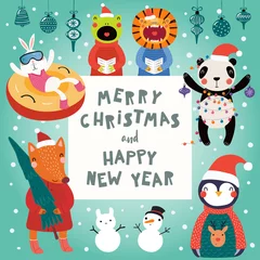  Hand drawn card with cute funny animals in Santa Claus hats, smowmen, text Merry Christmas and Happy New Year. Vector illustration. Scandinavian style flat design. Concept for children print. © Maria Skrigan