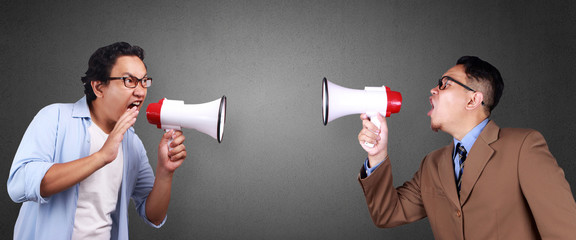Two Men Shouting at Each Other with Megaphone, one person recomposed as two