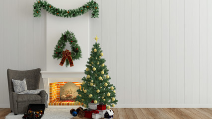 Christmas wall wood interior 3d render template christmas tree new year