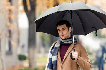 handsome stylish man in coat and scarf with umbrella looking at camera on autumnal street