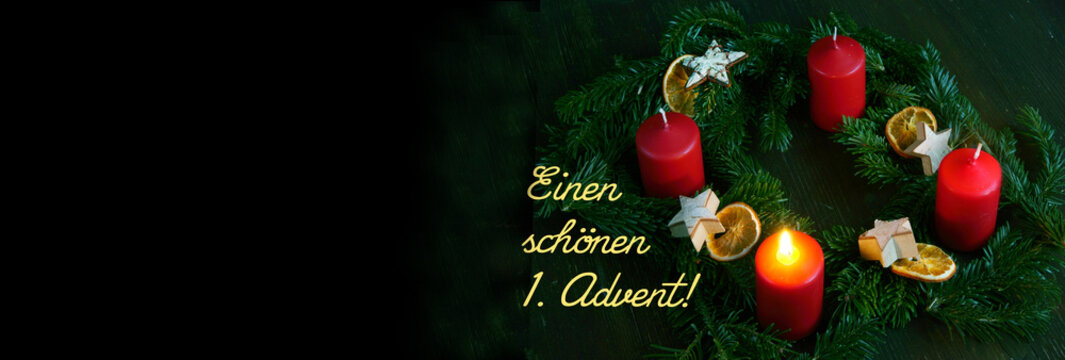 Advent, 1. Advent, Adventskranz, Kerzen, Einen schönen 1. Advent, Schrift, Banner, Panorama, header, Headline, Textraum, copy space