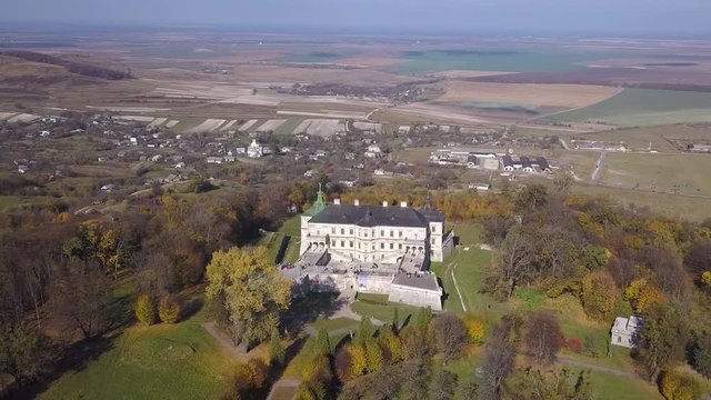 Aerial view of the Pidhirtsi Castle, located in the village of Pidhirtsi in Lviv Oblast, Ukraine